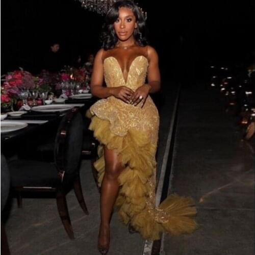 African Gold Evening Dresses Ruffled Applique vestidos formales robe de mariage vestido de festa