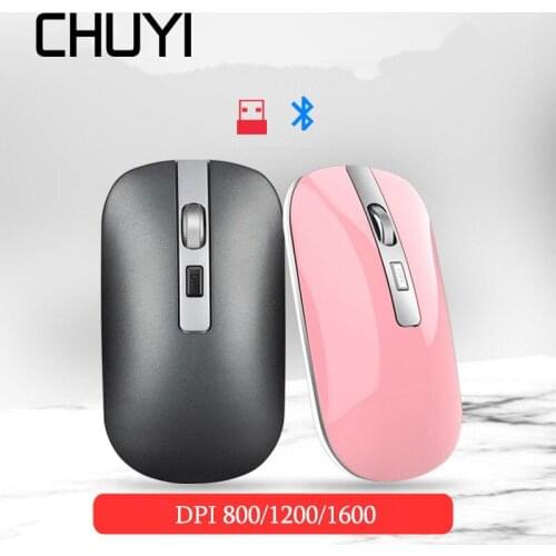 CHYI Bluetooth 5.0 Wireless Mouse Dual Mode Rechargeable Computer Mause 2.4GHz USB 1600DPI Pink Silent Mouse For PC Laptop