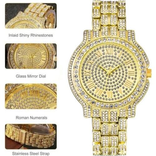 Rapper Hip Hop Stainless Steel Watch Ice Crystal Gold Shiny Women Men Fashion Watch Gifts