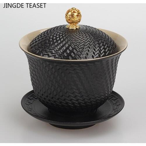 Dehua Black pottery Ceramic Gaiwan Tea cup Handmade Tea tureen Chinese Retro Tea set Accessories Master Cup Home Drinkware 210ML