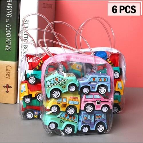 6pcs Children Pull Back Car Toys Set Simulate Educational Trailer Toy Inertia Vehicle Fire Truck Taxi Model Kids Mini Race Cars