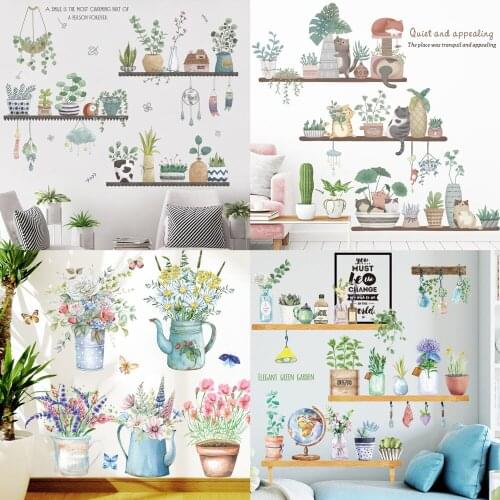 European Wallpaper Green Plant Wall Sticker Flower Plant Wall Decor Flower Pot Wall Paper for Bedroom Living Room Decor Sticker