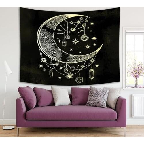 Tapestry Crescent Moon with Sparkling Diamond Stars Chains and Ethnic Floral Patterns Artwork Black White