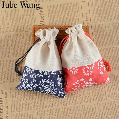 Julie Wang 50PCS linen Drawstring Bag Jewelry Pouch Blue And White Porcelain Pattern Bags Packing Bag Fashion Pouch Wholesale