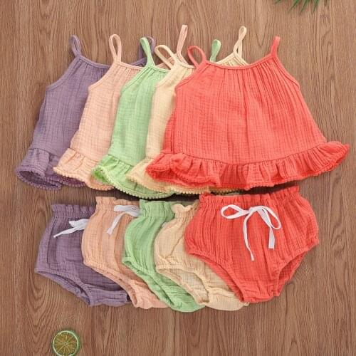 Baby Girls Outfit Set Solid Color Sling Ruffle Loose Tassel Tops Drawing Straps Elastic Pants Casual Summer Girls Clothes