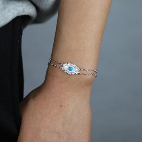 Hot sale high quality lucky turkish blue evil eye bracelet iced out shiny cz zircons double layers chain bracelet for women gift