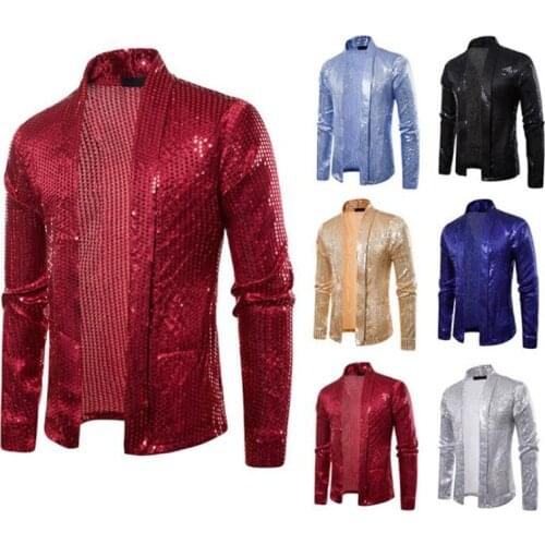 Punk mens sequins jackets knitted patch European and American nightclub style fashion buttonless cardigan long-sleeved coat