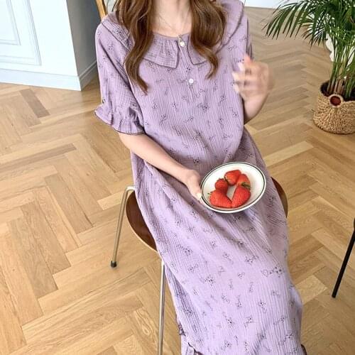 Full Cotton Print Night Dress Women Loose Short Sleeve Sleepshirt Female Korean Summer Nightgowns Ladies Long Nightshirt