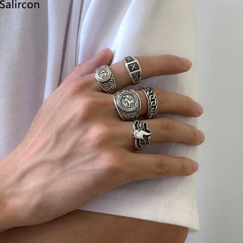 2021 New Korean Vintage Silver Color Alloy Rings For Women Couple Ring Jewelry Geometric Mens Ring Sets Kpop Accessories Gifts