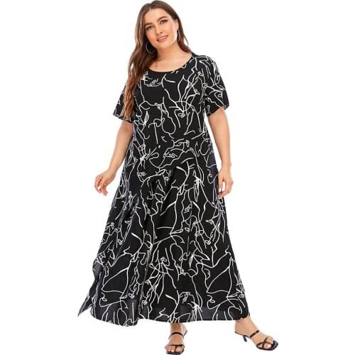 Short Sleeve Summer Dress Women Robes XL To 5XL Plus Size O-Neck Short Sleeve Graffiti Printed Casual Long Dresses