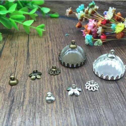 5sets/lot 20mm half round glass cover vial pendants silver/bronze plated teeth edge tray charm diy jewelry finding making