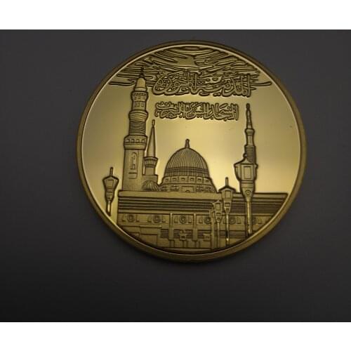 The mosque Saudi Arab 999 Gold Plated Coin badge Rock dome 24K real gold plated Coins Souvenir Gifts 40mm Drop Shipping
