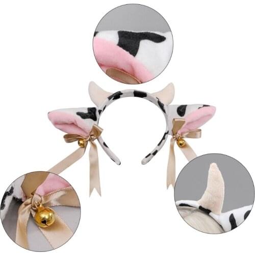 Q1FA Cartoon Plush Cow Ears Headband with Bells Ribbon Bow Anime Lolita Hair Hoop Kawaii Animal Party Cosplay Headpiece