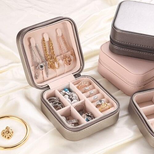 PU Leather Jewelry Box,Travel Necklace Earrings Ring box,Portable Box for Rings,Zipper leather storage Organizer for Jewelry