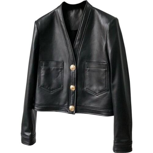 Women Spring Coat Short Clothes Casual V-Neck Genuine Leather Jacket Long Sleeves Slim Style High Quality Sheepskin Lamb Skin