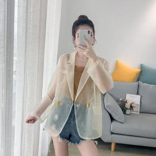 Spring Summer 2021 Fashion Women Solid Thin Perspective Turn-down Collar Long Sleeve Loose Sun Protection Jacket Y193