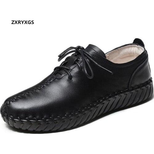 2021 New Spring Lace-up 100% Natural Full Genuine Leather Shoes Casual Sneakers Flat Soft Sole Hand-stitched Shoes Women Flats
