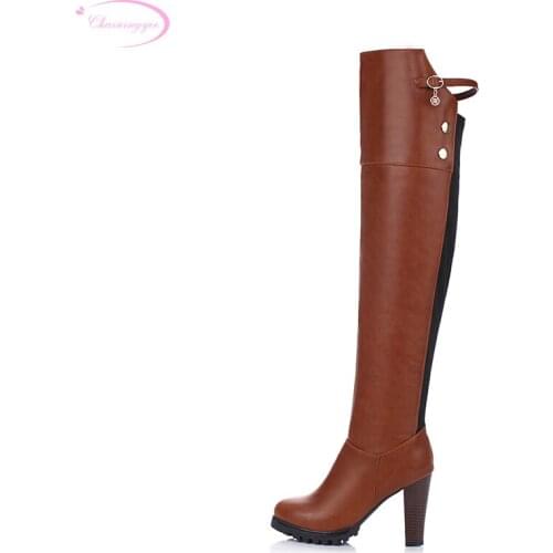 Chainingyee leisure autumn round toe over knee high boots fold belt buckle rivet diamond zipper high-heeled women riding boots