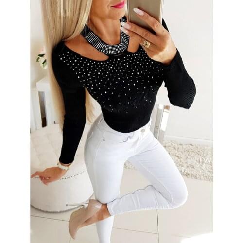 Knitwear Beads Sweater Women Pure Color Character Pullover Women Lycra Female Long Sleeve ropa de moda mujer