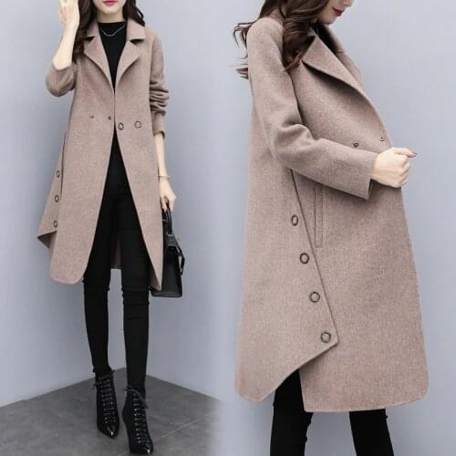 2019 Winter Coat Women Wide Lapel Belt Pocket Wool Blend Coat Oversize Long Trench Coat Outwear Wool Coat Women