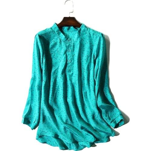 Women Summer 100% Natural Silk Blouse Real Silk Long Sleeve Basic Shirt office wear Dots print Top Shirt Silk Blouses for Women