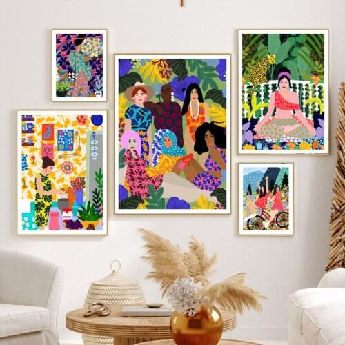 Bohemian Style Abstract Girl Flower Plant Canvas Painting Wall Art Nordic Posters and Prints Wall Pictures for Living Room Decor