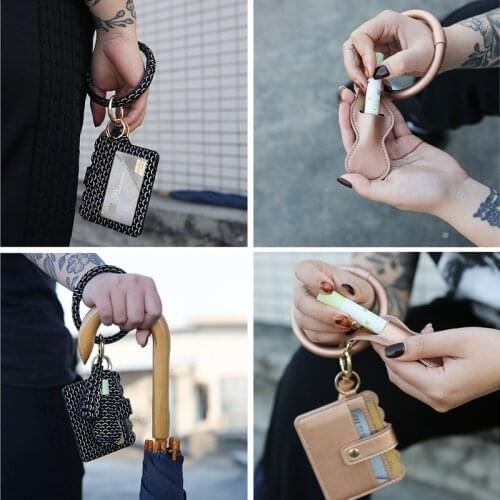 Bracelet Keychain, Female Coin Purse Pu Hand Bag Leather Mobile Phone Bag Bracelet Wrist Key Ring 85DF