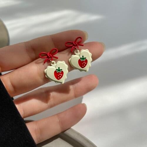 AOMU Fashion White Red Acrylic Love Strawberry Cherry Stud Earrings Irregular Geometric Bow Stitching Small Earrings for Women