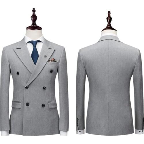 Double Breasted Latest Coat Pant Designs Suit Men Slim Fit Wedding Suits for Men Pure Black Light Grey Tuxedo（Jacket+Pants+Vest