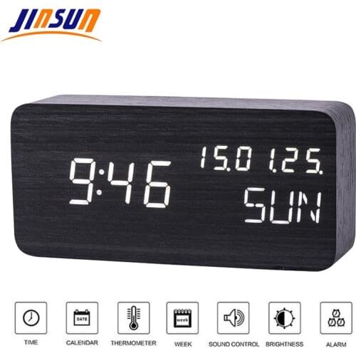 JINSUN Table Clock Sound Control Desktop Luminous Alarm Clock for Children Wooden Calendar Modern Adjustable Brightness