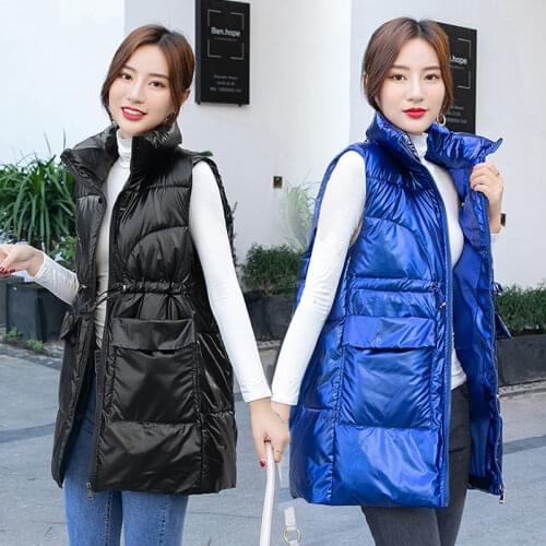 2021 New Glossy Down Cotton Waistcoat Womens Mid-Length Winter Coat Student Loose All-Match Vest Female Sleeveless Jacket