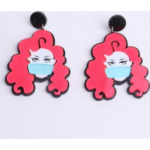 New Funny Mask Lady With Pink Hair Acrylic Drop Earrings For Women Big Human Face Figure Long Dangle Earrings Fashion Jewelry