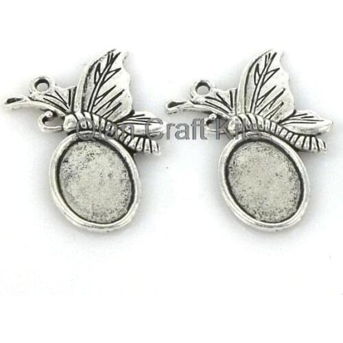 100pcs butterfly Cabochon Base Settings antique Silver Tone fit cameo gem of 10*14mm ,whole size 28*14mm