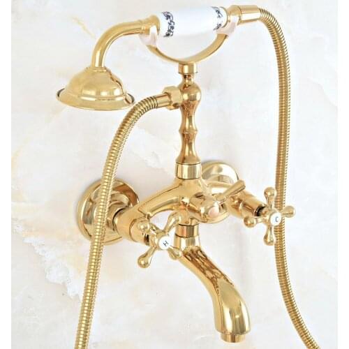 Luxury Gold Color Brass Wall Mounted Bathroom Bath Tub Faucet Set with 1500MM Hand Held Shower Spray Mixer Tap 2na807