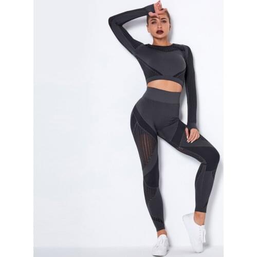 Mesh Sport Outfit for Woman 2021 Long Sleeve Crop Top Leggings Suit for Fitness Seamless Sportswear Gym Workout Clothes Yoga Set