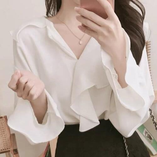 Korean Style Chic Blusas Mujer Oversize White Ruffled Chiffon Blouse Flare Long Sleeve Spring Temperament Wild Elegant Tops
