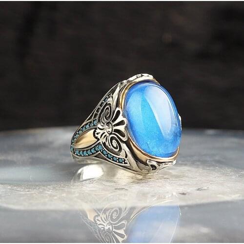 Blue Rounded Paraiba Cubic Zirconia 925 Sterling Silver Men 'S Ring