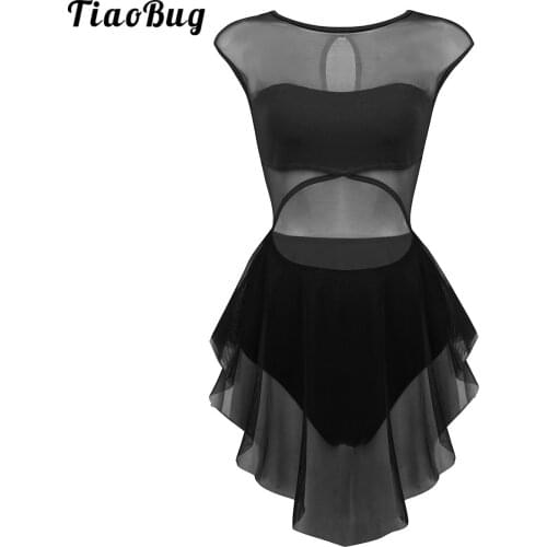 TiaoBug Women Adult Sleeveless Round Neck Cut Out Front Asymmetric Mesh Leotard Gymnastics Bodysuit Ballet Dancewear