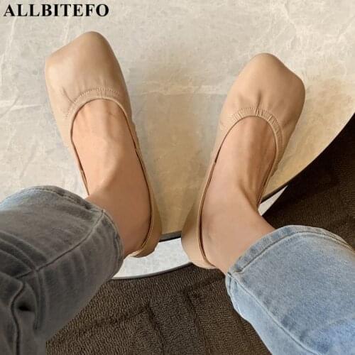 ALLBITEFO Fold Design Soft Genuine Leather Women Heels Shoes Spring Fashion Sweet Street Office Work Shoes Low Heel Shoes