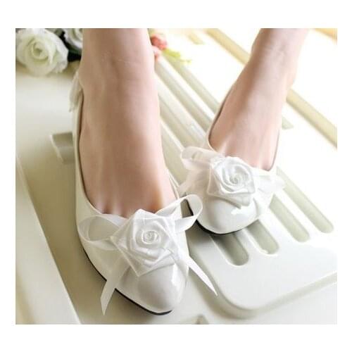 Flat wedding shoes bride white color rose flowers satin bows female ladies dance party bridal flats shoes