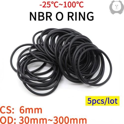 5pcs NBR O Ring Seal Gasket Thickness CS 6mm OD 30~300mm Nitrile Butadiene Rubber Spacer Oil Resistance Washer Round Shape Black