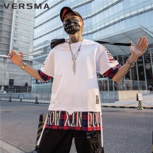 VERSMA Japanese Harajuku BF Vintage Plaid Patchwork T-shirt Men Summer High Street Hip Hop Punk Ripped Fake Two Piece Men Tshirt