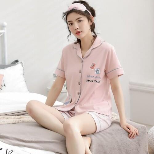 New Summer 100%Cotton Cartoon Women Short Sleeve Pajamas Set Turn-down Collar Crdigan Casual Sweet Big Size M-XXL Girls Pyjamas