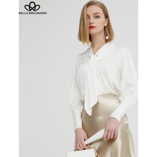HStar Autumn Winter chiffon women blouse satin Shirt long sleeve bow tie female blusas deep v neck ladies silk top