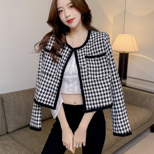 Autumn Korean Fashion Streetwear Houndstooth Tweed Jacket Coat Women Vintage Woolen Short Coats Small Fragrance Outwear Crop Top