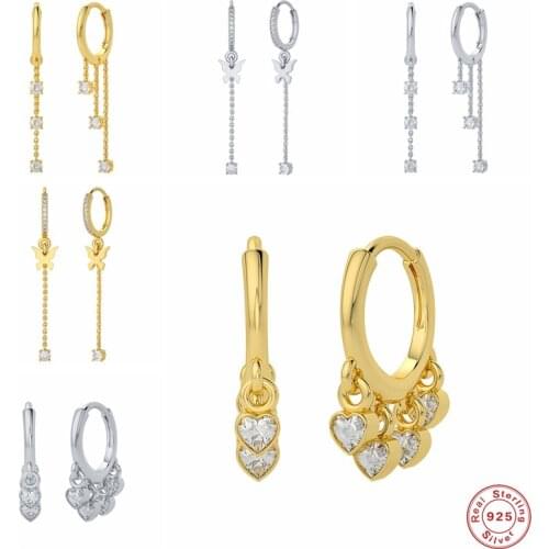 Aide 925 Sterling Silver Crystal Heart Charms Hoop Earrings For Women Butterfly Zircon Beads Long Chain Tassel Earrings Jewelry