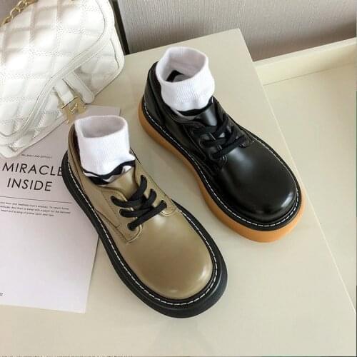 Round Toe Shoes Woman Lace Up Genuine Leather Top Quality Chunky Heels Punk Vintage Platform Office Lady Women Shoes