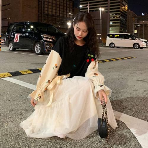 Women 2021 Spring Autumn 2 Piece Set Female Elegant Patchwork 2 Pcs Sweatshirt +High Waist Mesh Skirt Fashion Casual Suit