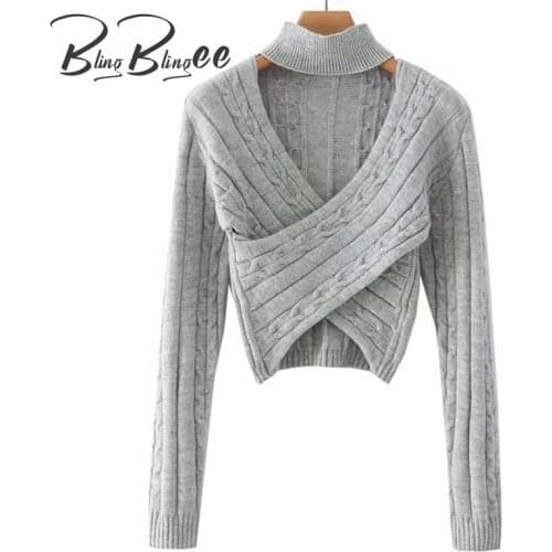 BlingBlingee Za 2021 Autumn Winter Woman Sweaters Traf Crop Tops Cross Wrap Front Hollow Out Turtleneck Cable Knit Jumpers Pull
