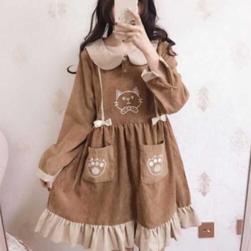 Girly cute retro kitten loose long sleeve doll collar lace dress Sweet lolita dress vintage falbala bowknot cute printing high